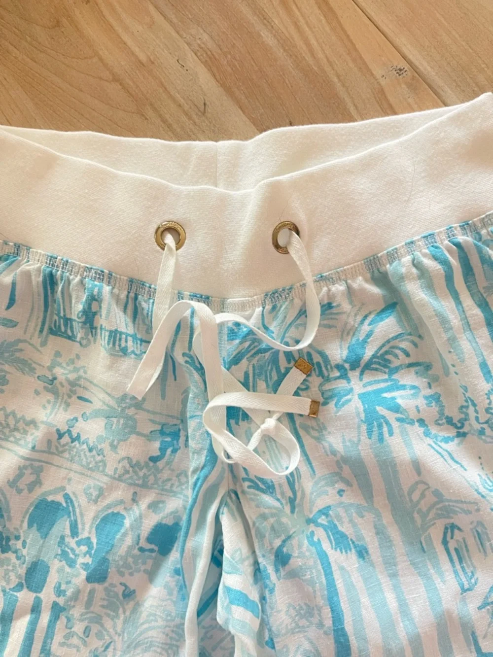 Lilly Pulitzer Beach Pants Small 33” Inseam Blue White palm Print Linen Sz Small - Picture 6 of 14